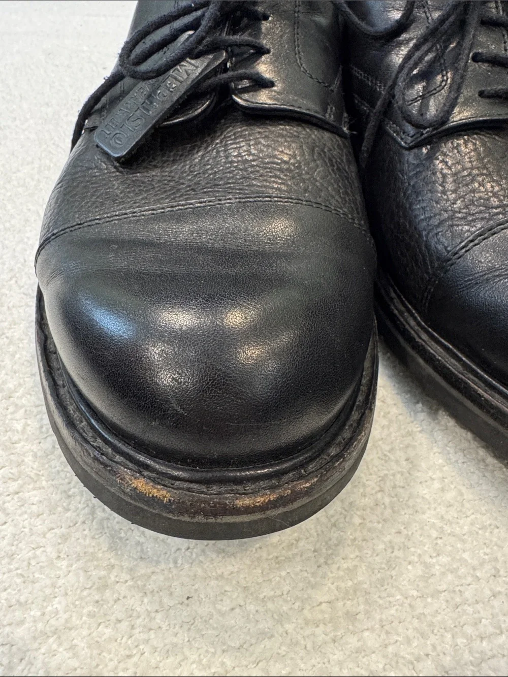 Mephisto Black Leather Cap-Toe Derby Shoes Size 12. Excellent Condition